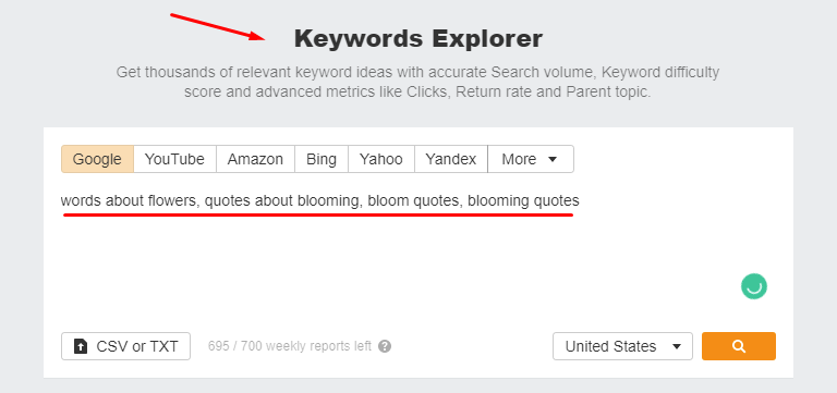 Screenshot of keyword explorer tool from Ahrefs
